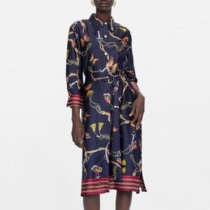 Zara Midi Dress Ketten print Chain Printed Belted Shirt Dress